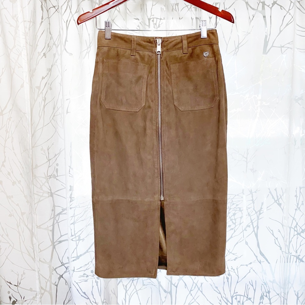 All Saints Arel brown tan suede silver front zipper zip up pockets midi skirt - Picture 4 of 16